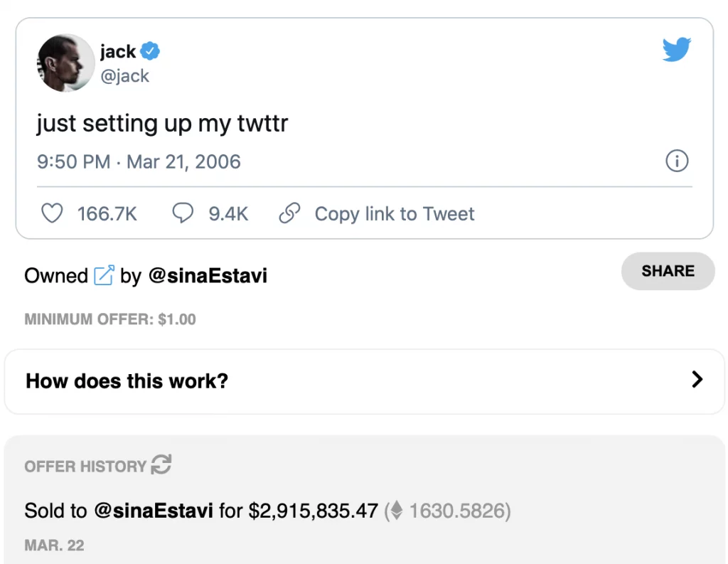 Image of Jack Dorsey's first tweet turned into an NFT